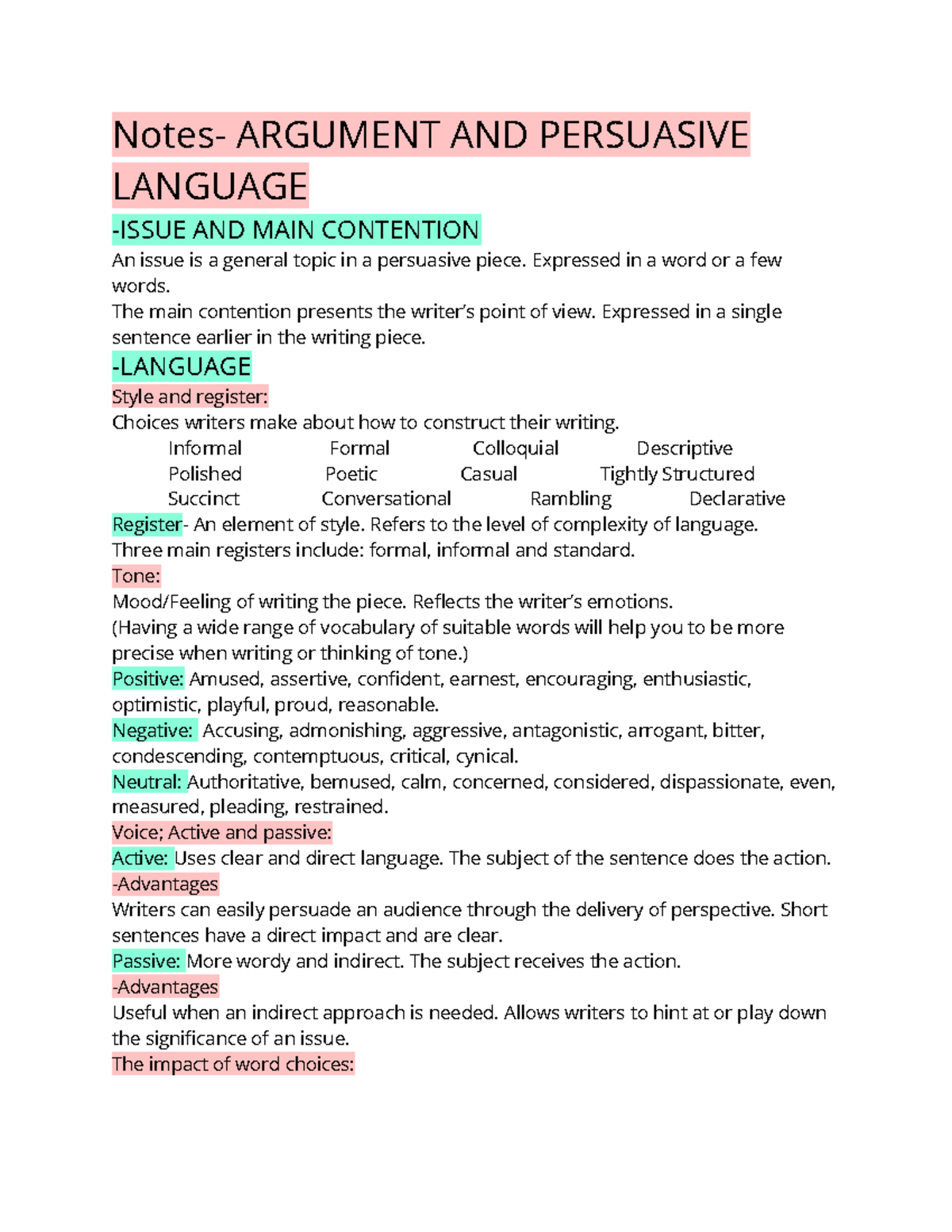 Notes- analysis - Notes- ARGUMENT AND PERSUASIVE LANGUAGE -ISSUE AND ...