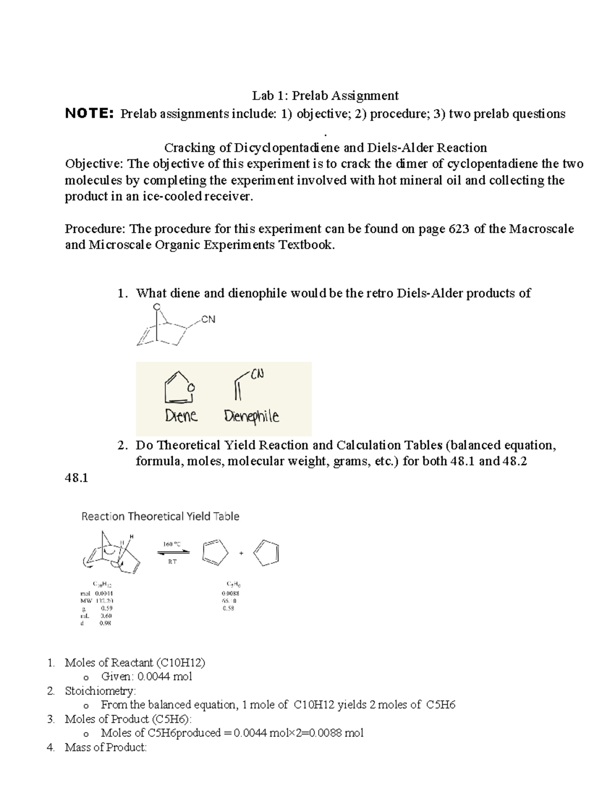 Lab 1 Prelab Assignment Diels-Alder Rxn Mercuriano - Lab 1: Prelab ...