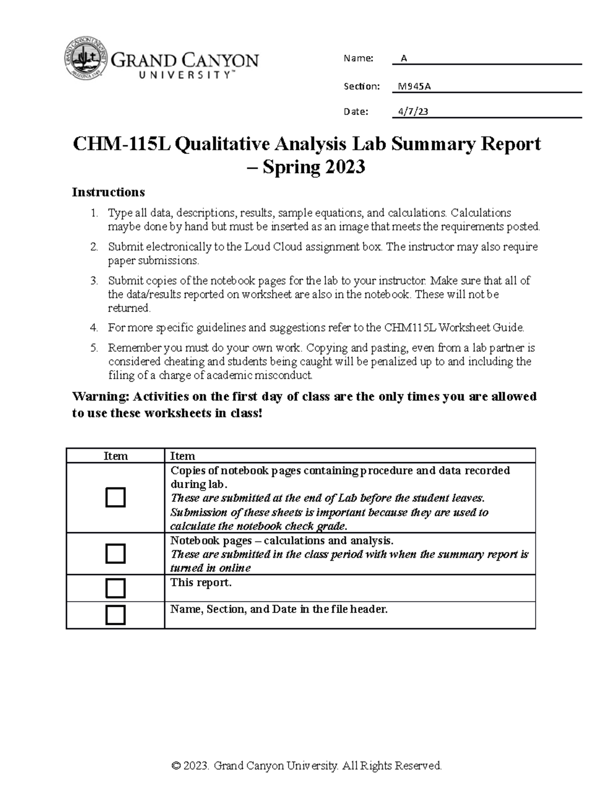 CHM 115L RS Exp 9 Qualitative Analysis Summary Report Section M945A Date 4 7 CHM 115L Studocu