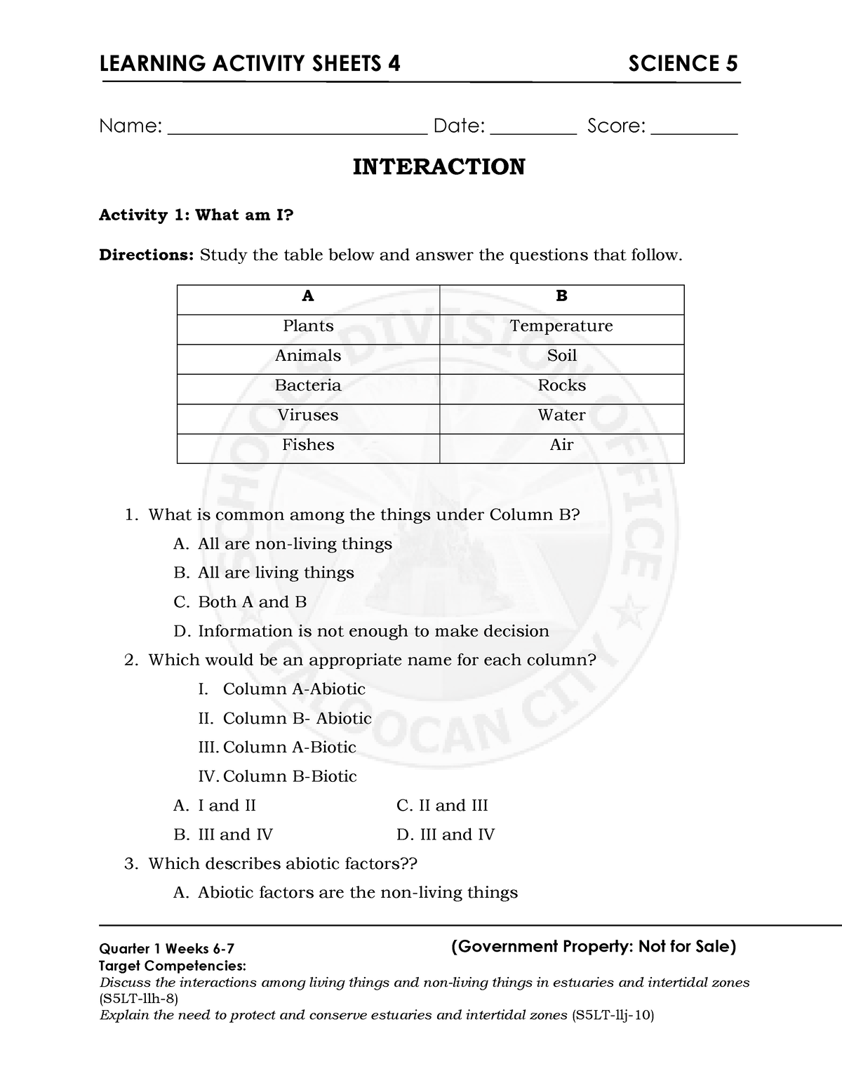 Science 5 Q2 Las 4 Asdsad Learning Activity Sheets 4 Science 5