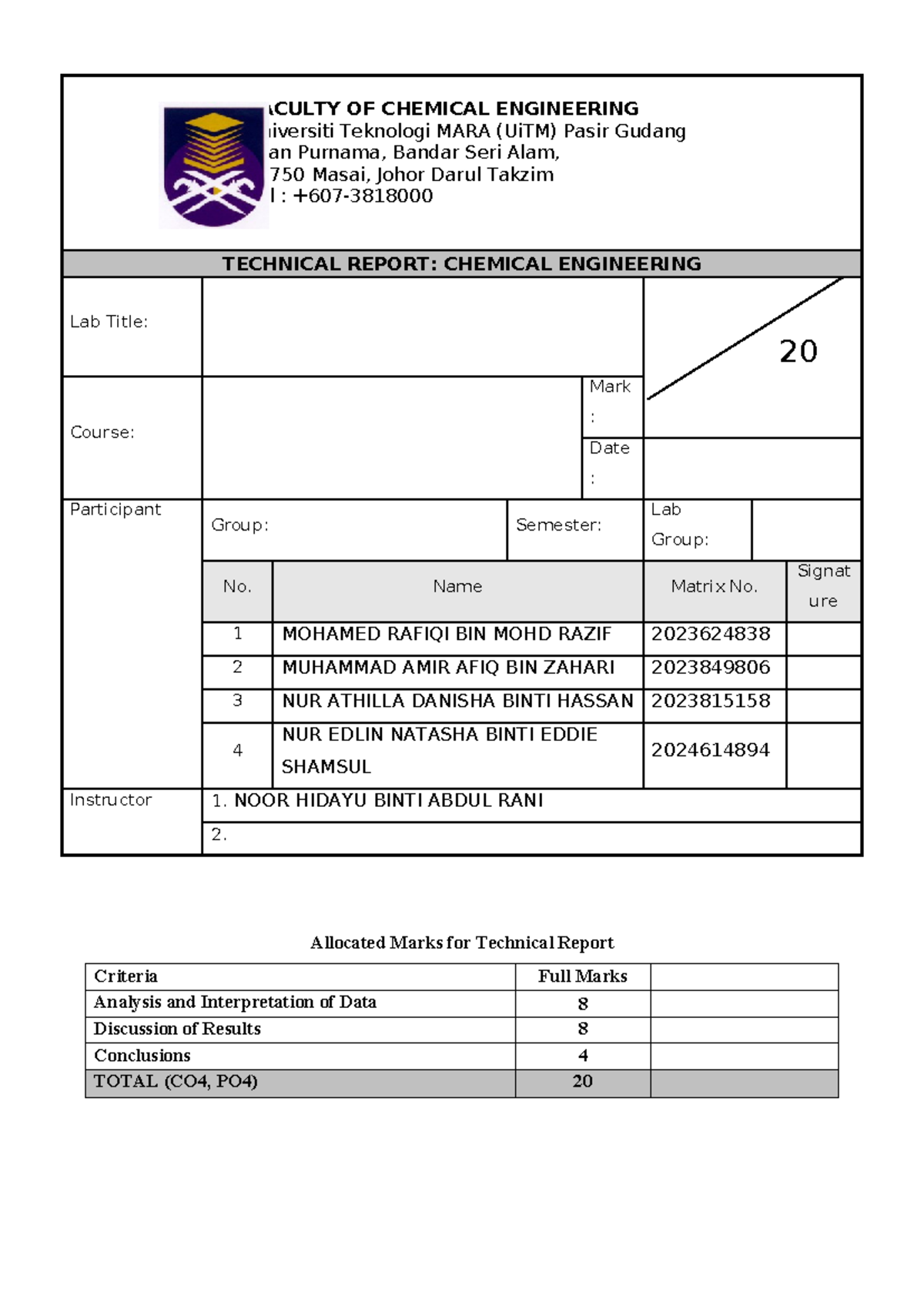 LAB 2 Thermodynamics - lab thermo - Allocated Marks for Technical ...