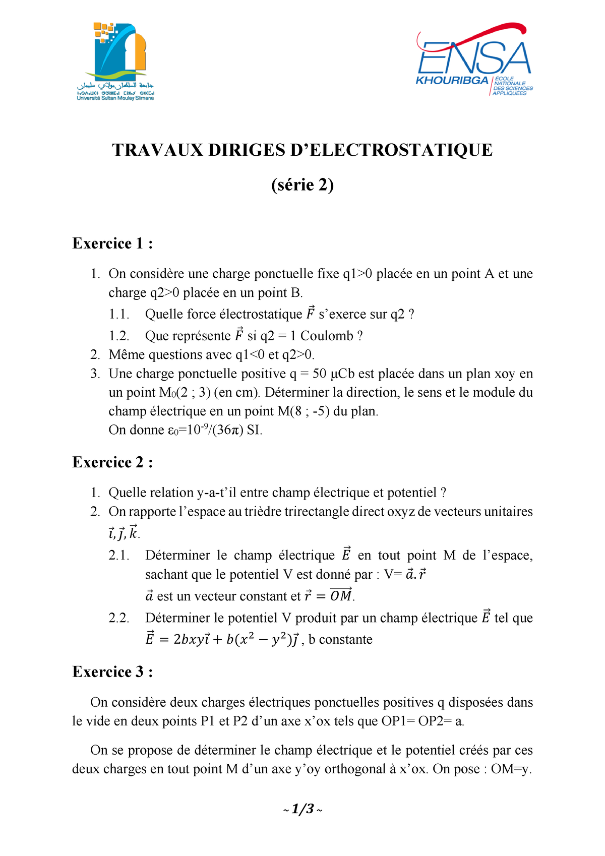 TRAVAUX DIRIGES D’ELECTROSTATIQUE (série 2) - ~ 1/3 ~ TRAVAUX DIRIGES D ...