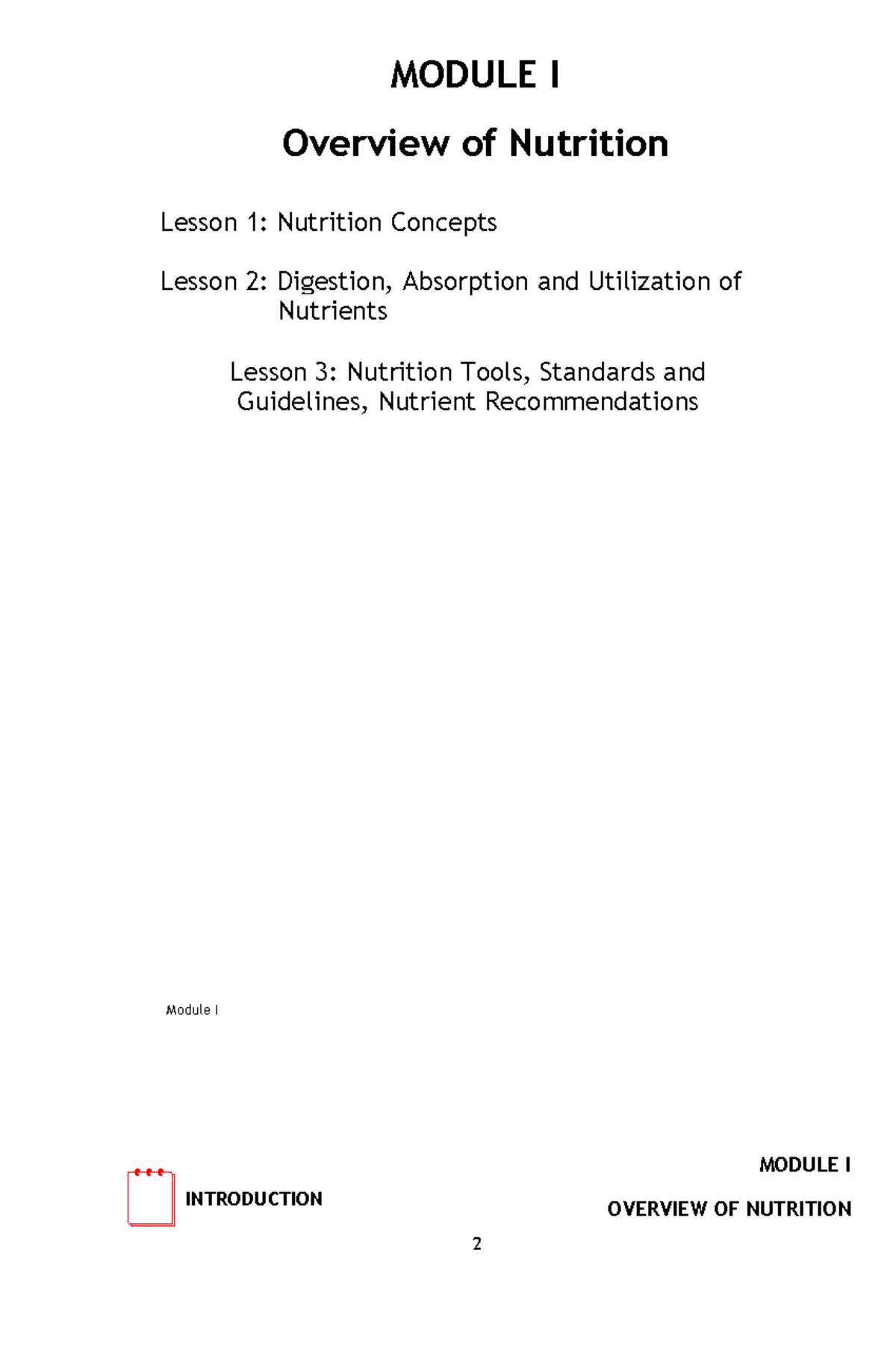 Module I nutrition - MODULE I Overview of Nutrition Lesson 1: Nutrition ...