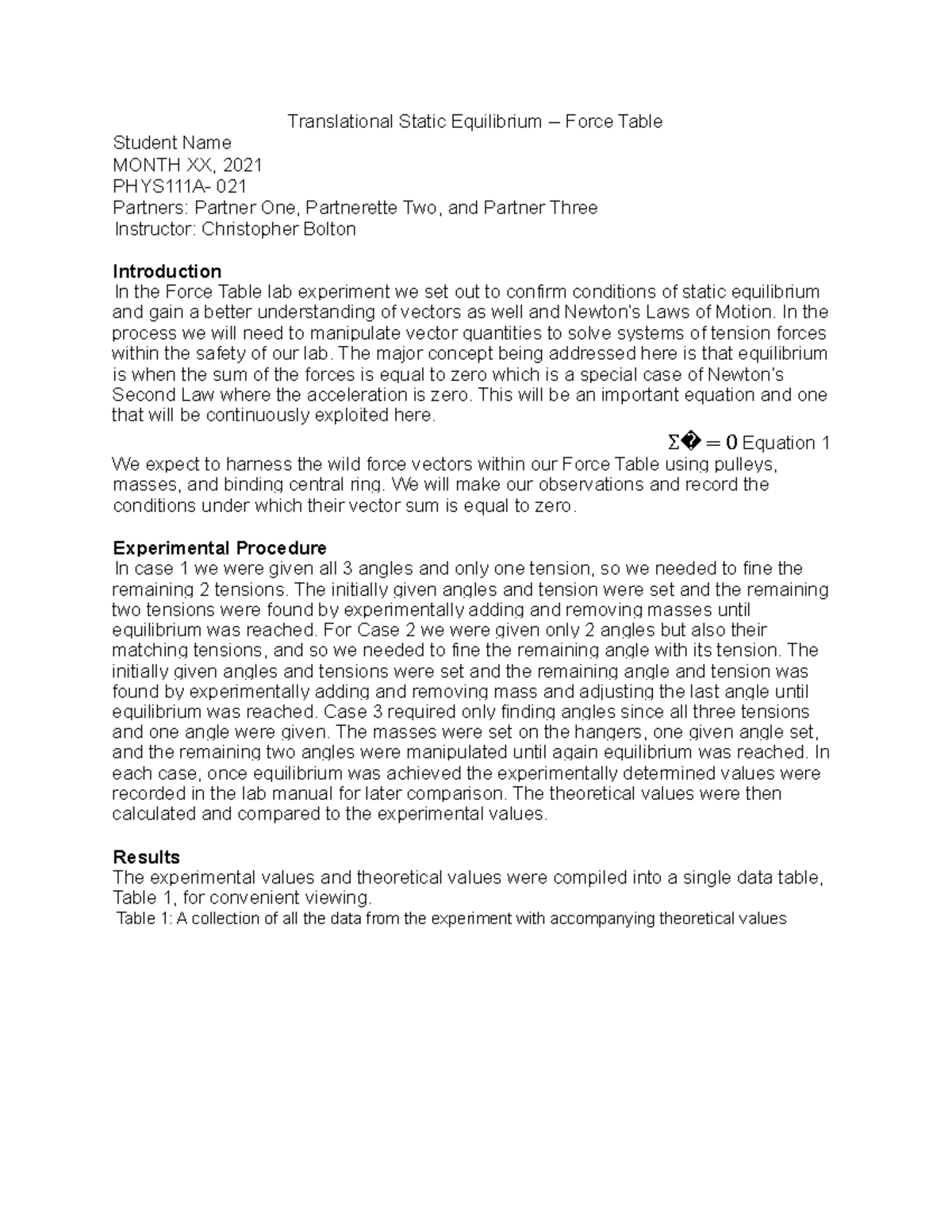 Chris sample lab report - Translational Static Equilibrium - Force ...