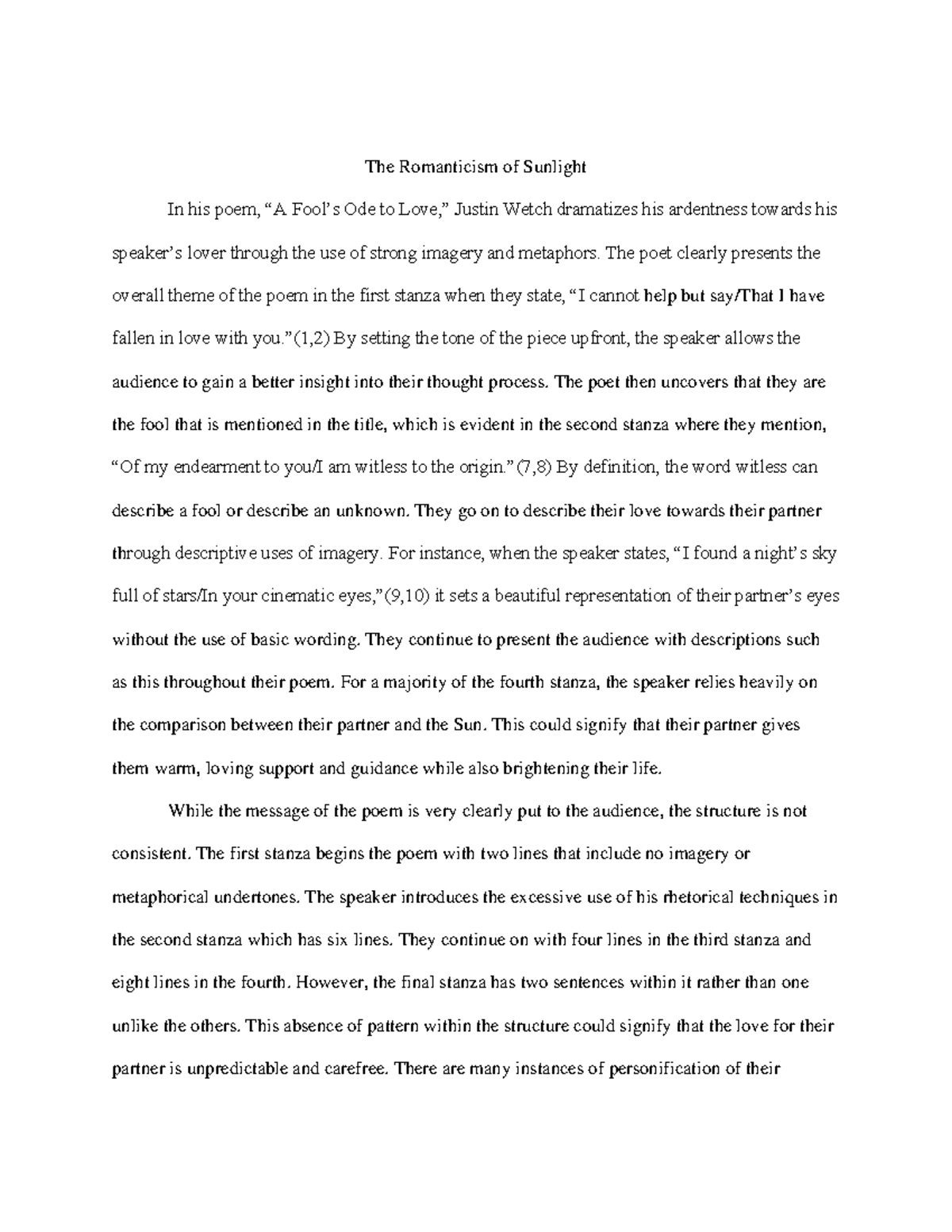 Poetry Explication - The Romanticism of Sunlight In his poem, “A Fool’s ...