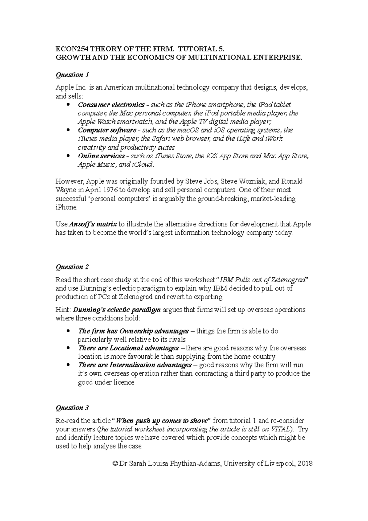 ECON254 Tutorial 5 Questions - ECON254 THEORY OF THE FIRM. TUTORIAL 5 ...