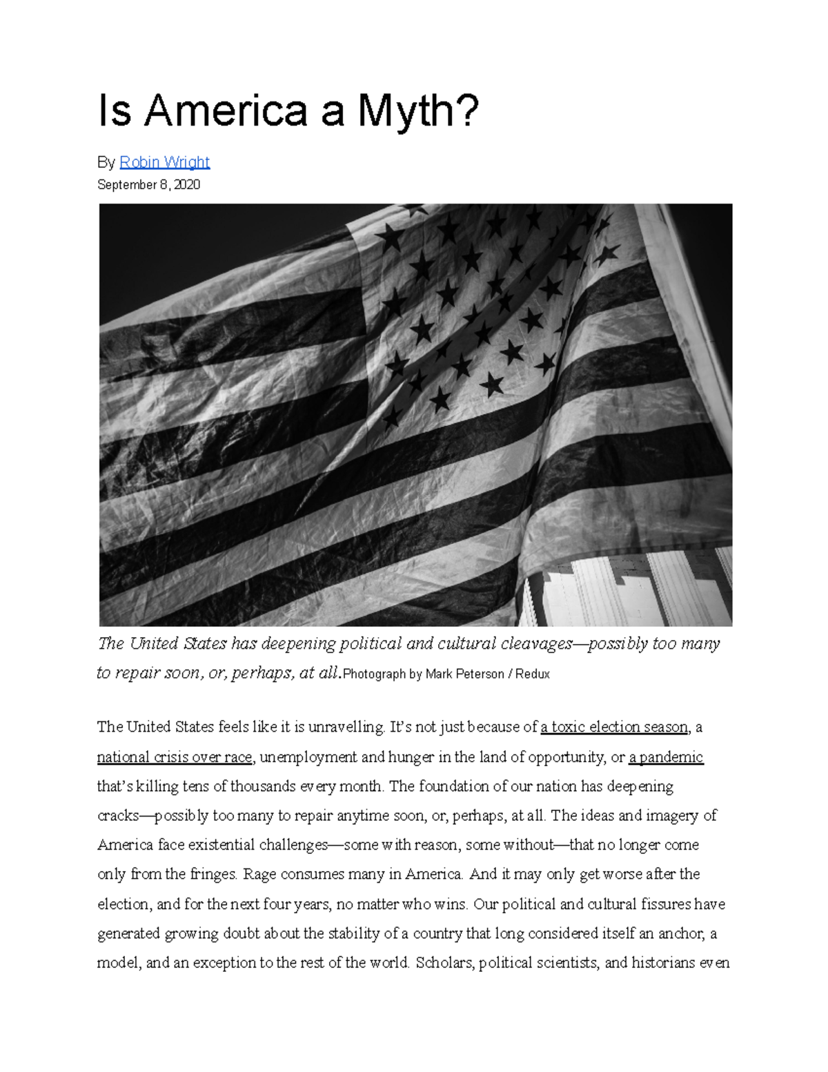 Is America a Myth - assignment - Is America a Myth? By Robin Wright ...