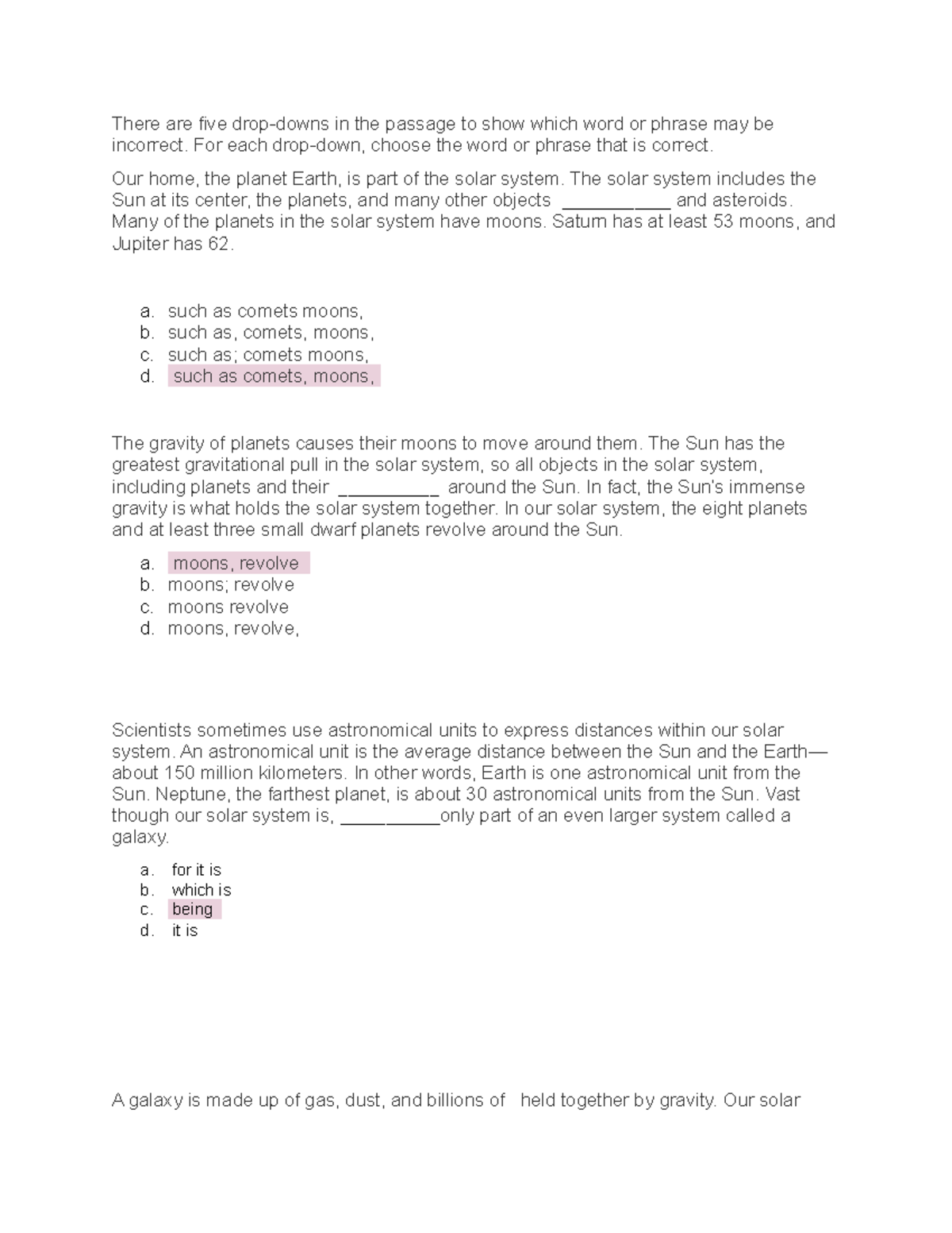 Editing Form A (ANSWERS) There are five dropdowns in the passage to