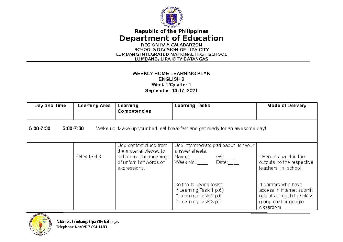 WHLP English 8 WEEK 1 - Republic of the Philippines Department of ...