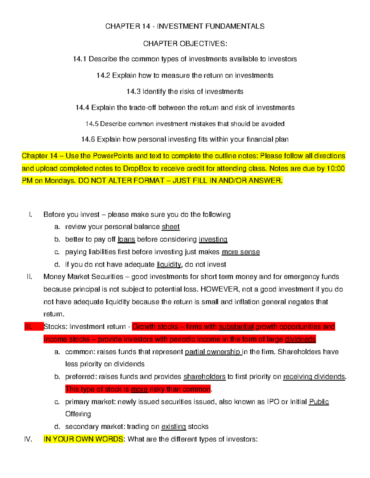 Chapter 14 Notes Fillable-1 (1) - CHAPTER 14 - INVESTMENT FUNDAMENTALS ...