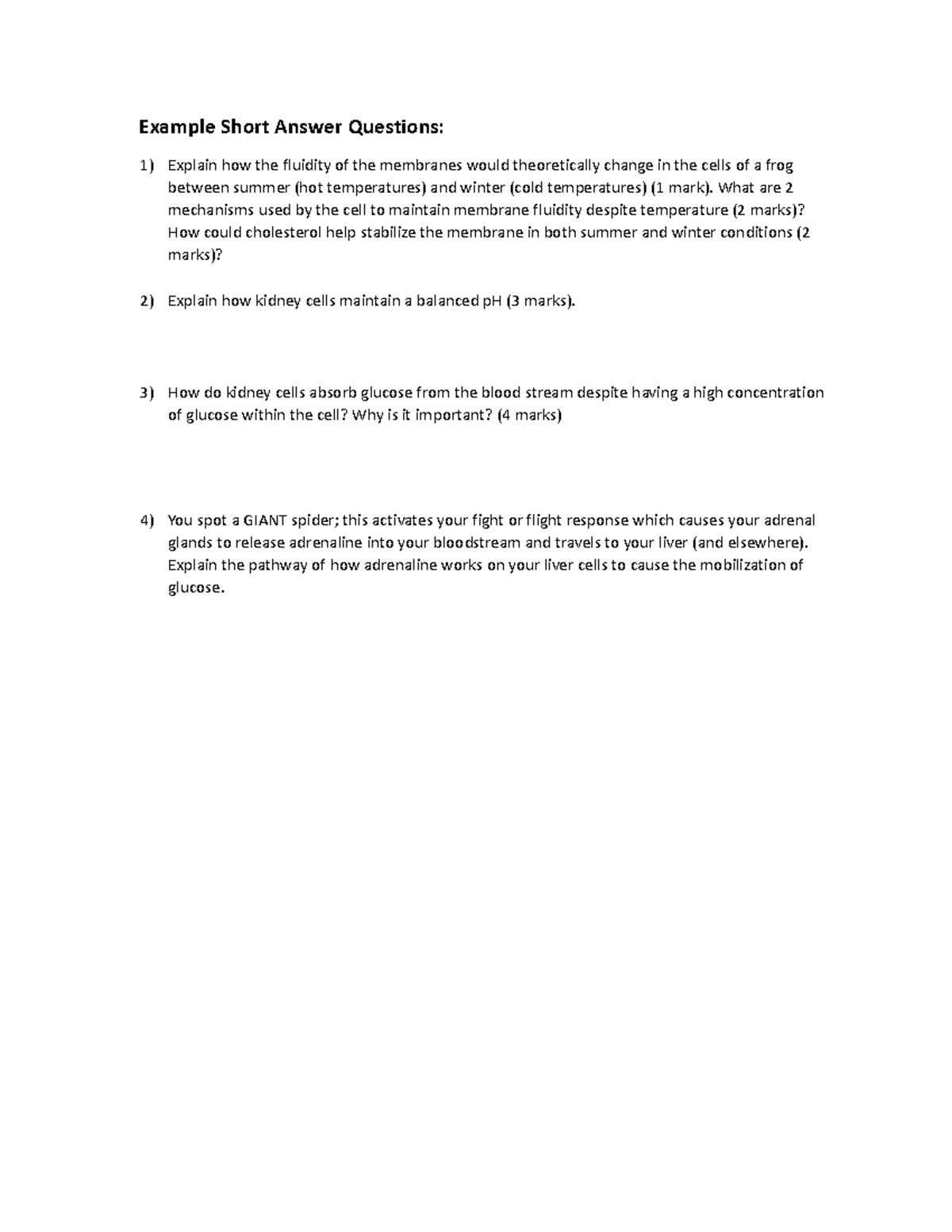short answer BIOL1090 - Example Short Answer Questions: 1) Explain how ...