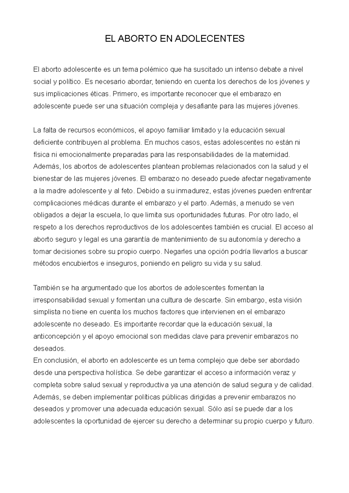 Trabajo Final DE Lenguaje EL ABORTO EN ADOLECENTES El aborto adolescente es un tema polémico