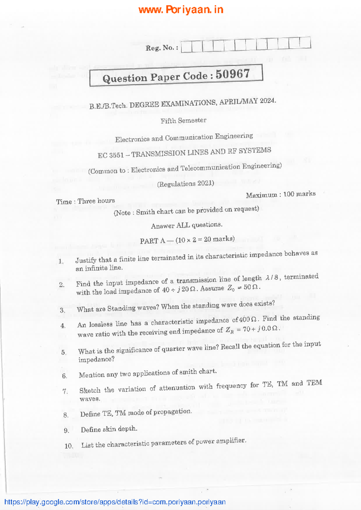 Transmission Lines and RF Systems - EC3551 2021 Regulation - Semester ...