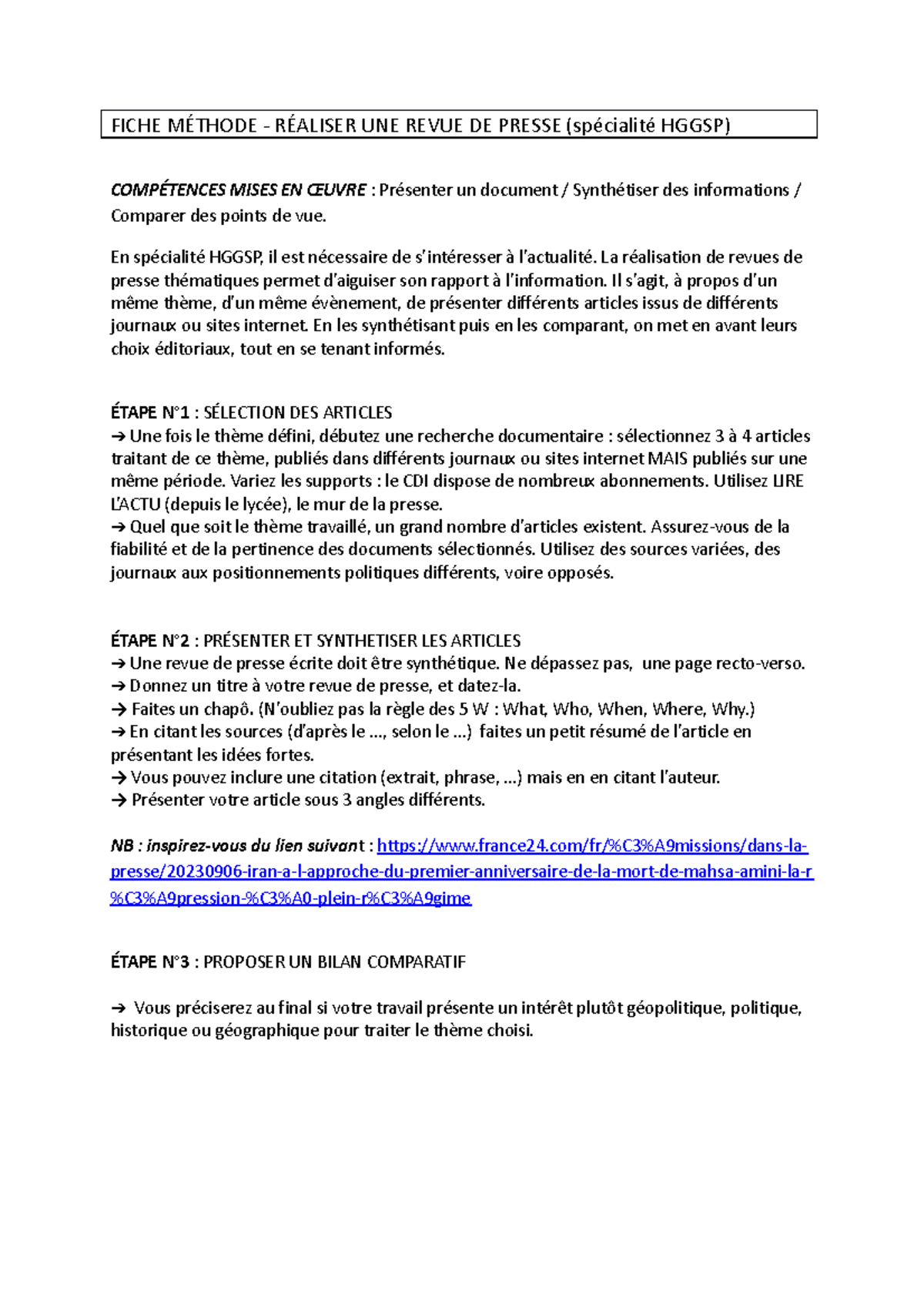 Fiche Méthode revue de presse FICHE MÉTHODE RÉALISER UNE REVUE DE PRESSE (spécialité HGGSP