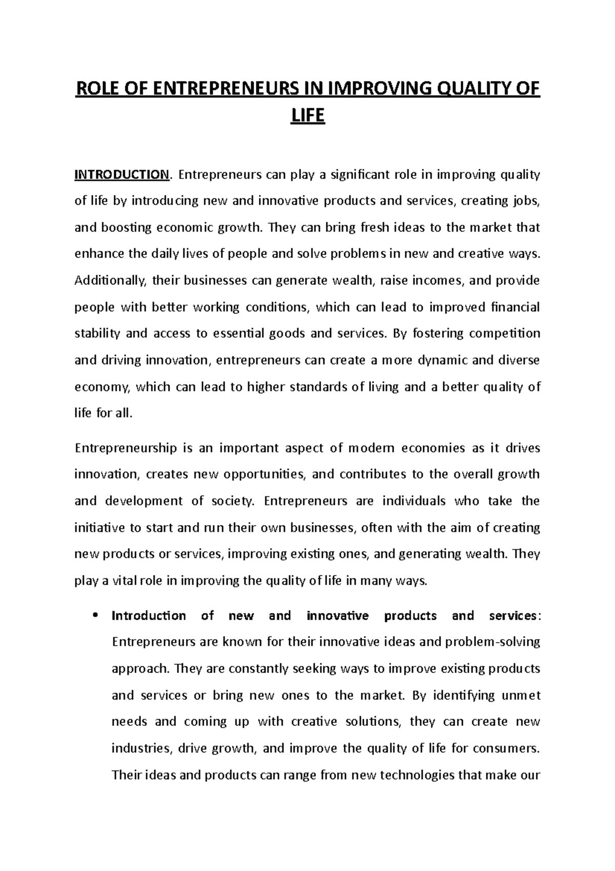 Role of Entrepreneurs in Improving Quality of Life ROLE OF
