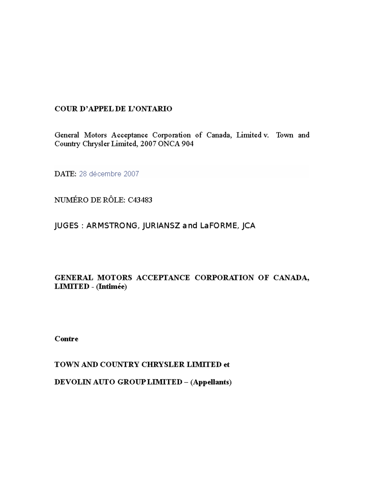 General Motors Acceptance Corporation of Canada, Limited v. Town and Country Chrysler Limited