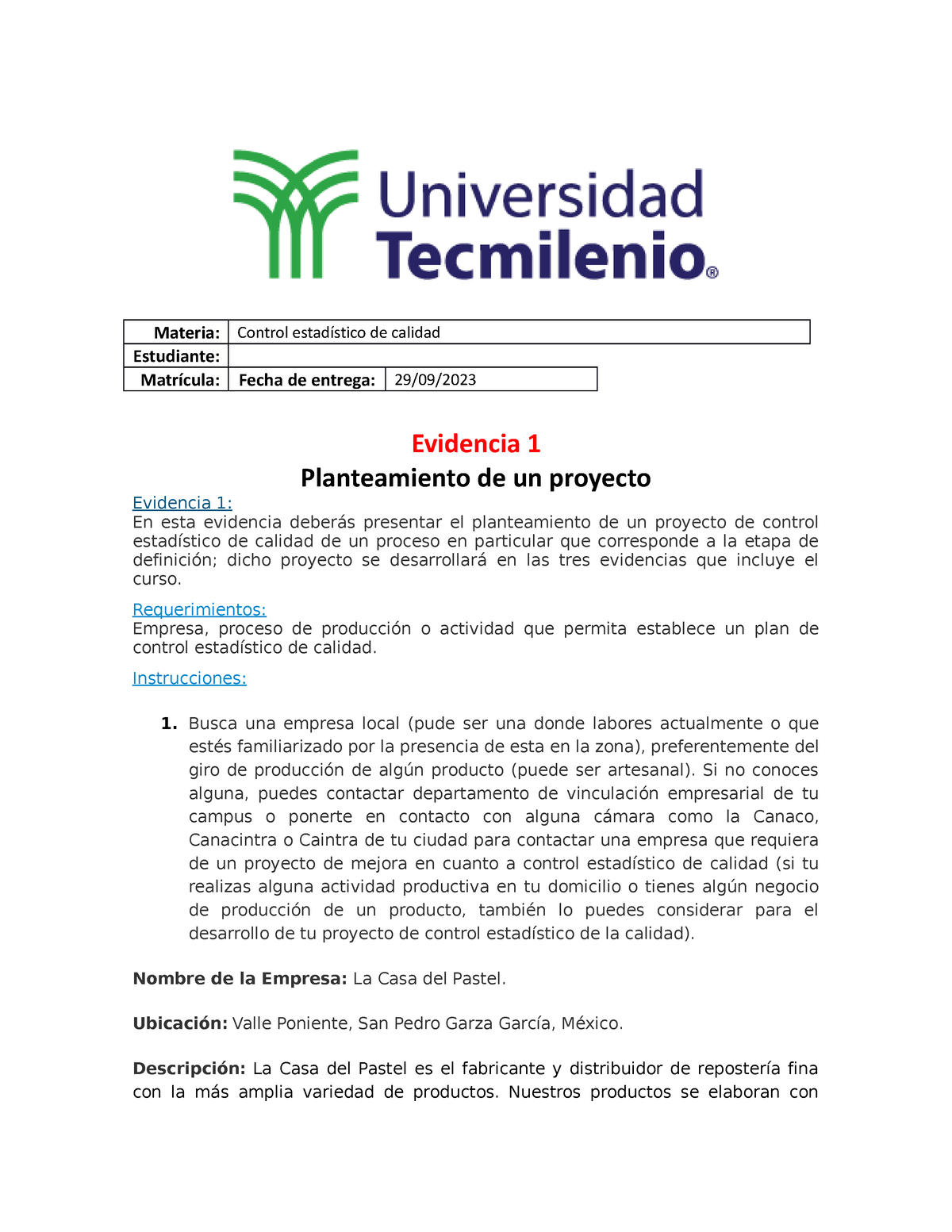 Evidencia 1 Control Estadistico De Calidad - Materia: Control ...