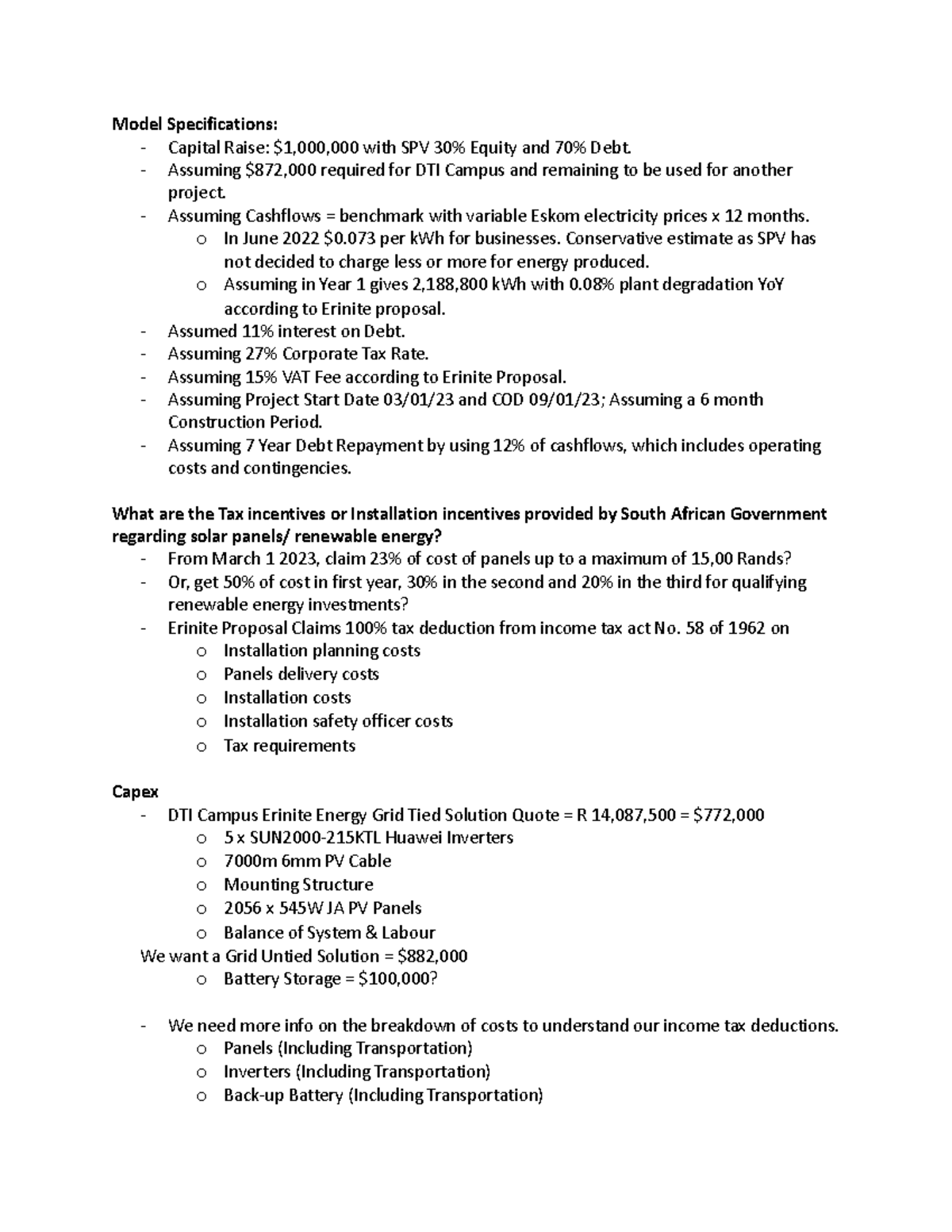 Financial Model Questions - Model Specifications: - Capital Raise ...