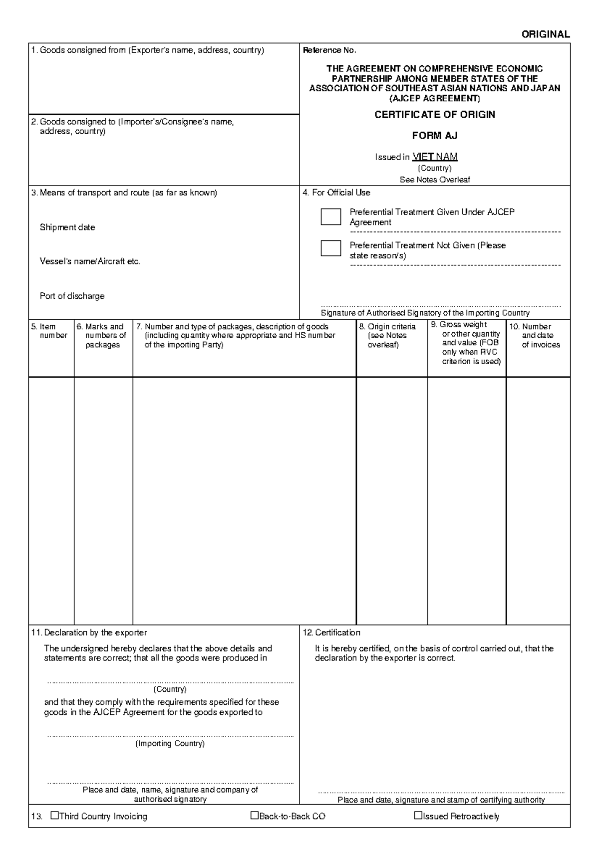 Form aj - form aj - ORIGINAL 1. Goods consigned from (Exporter's name ...