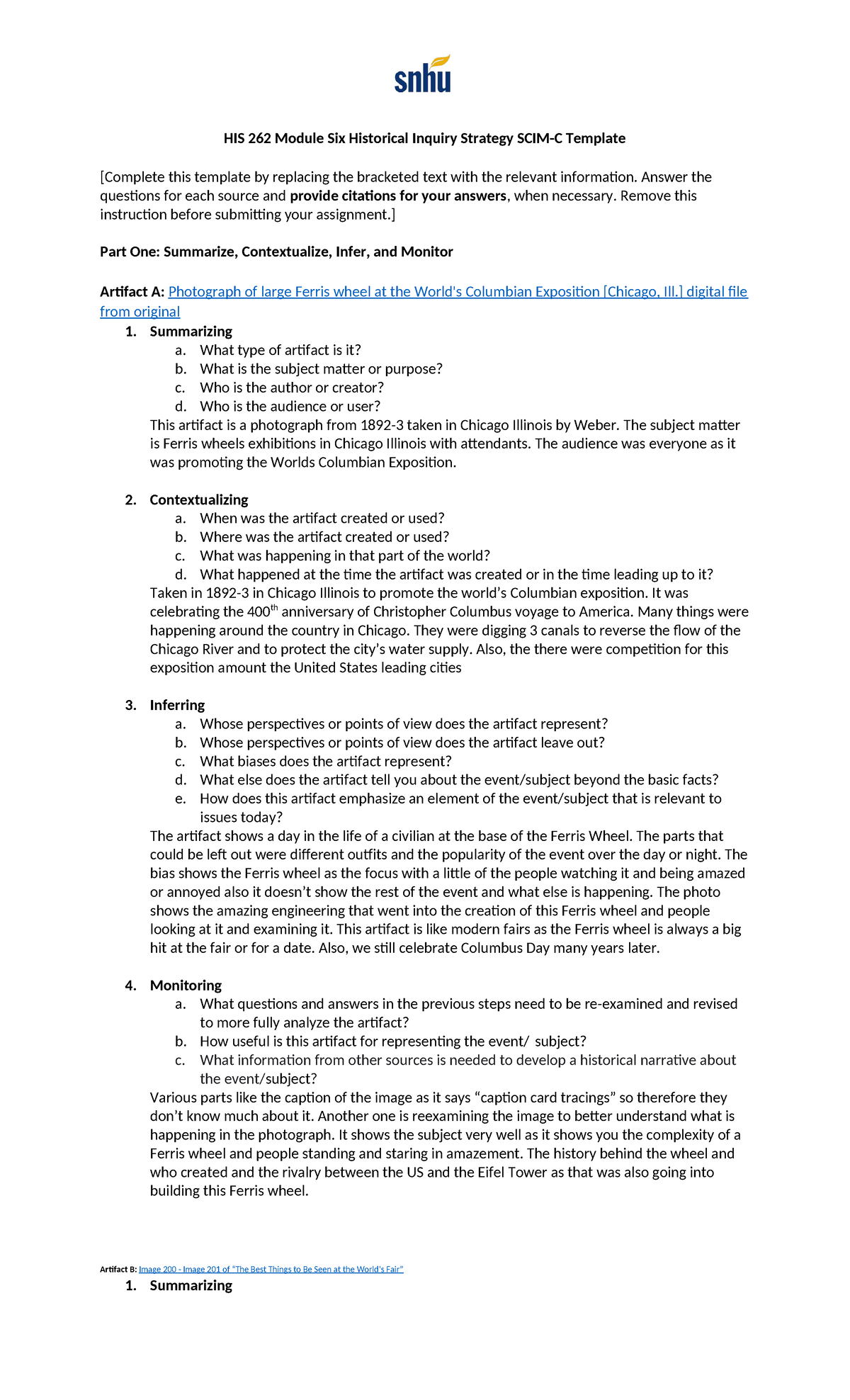 HIS 262 Module Six Historical Inquiry Strategy SCIMC Template Answer