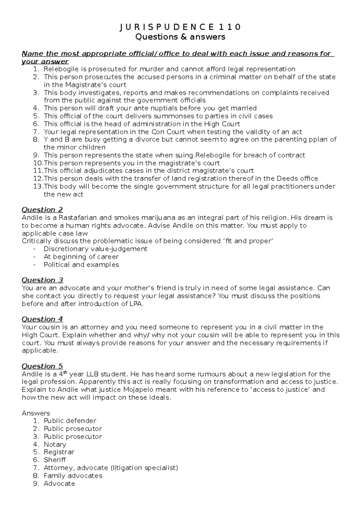 Jurisprudence 110 Questions and answer - J U R I S P U D E N C E 1 1 0 ...