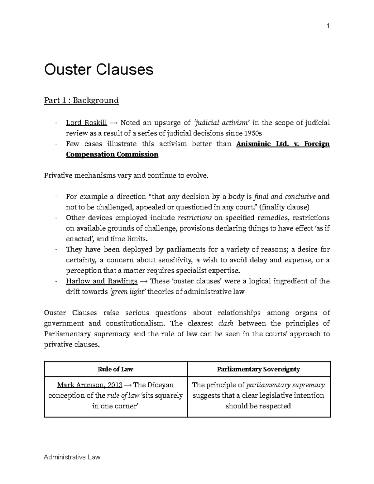 Ouster Clauses Note out Ouster Clauses Part 1 Background Lord