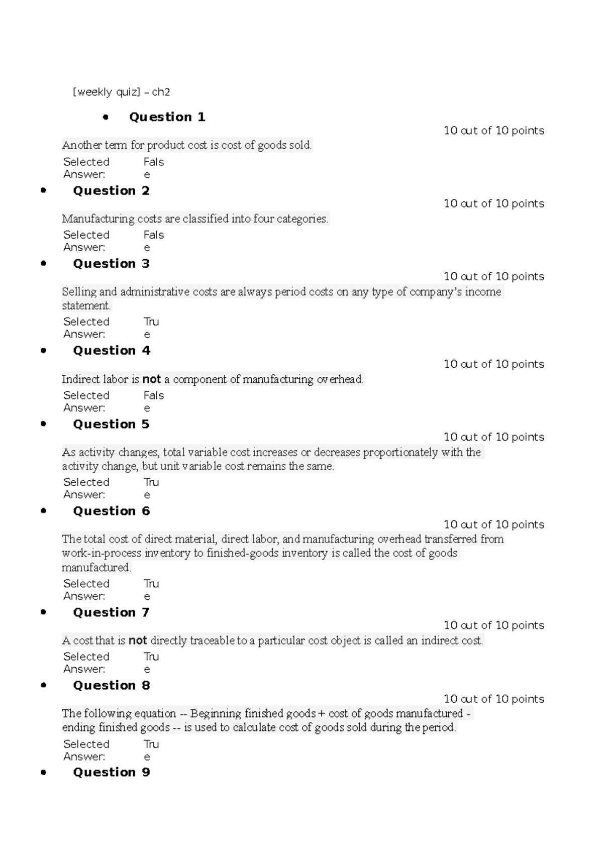 Managerial Accounting Quizes - [weekly Quiz] – Ch Question 1 10 Out Of ...