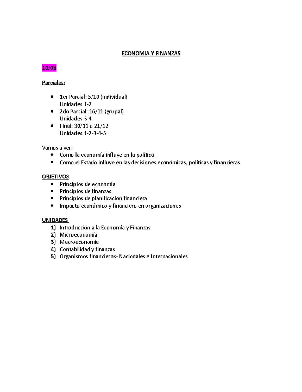 Economia Y Finanzas- 2C - ECONOMIA Y FINANZAS 10/ Parciales: 1er ...