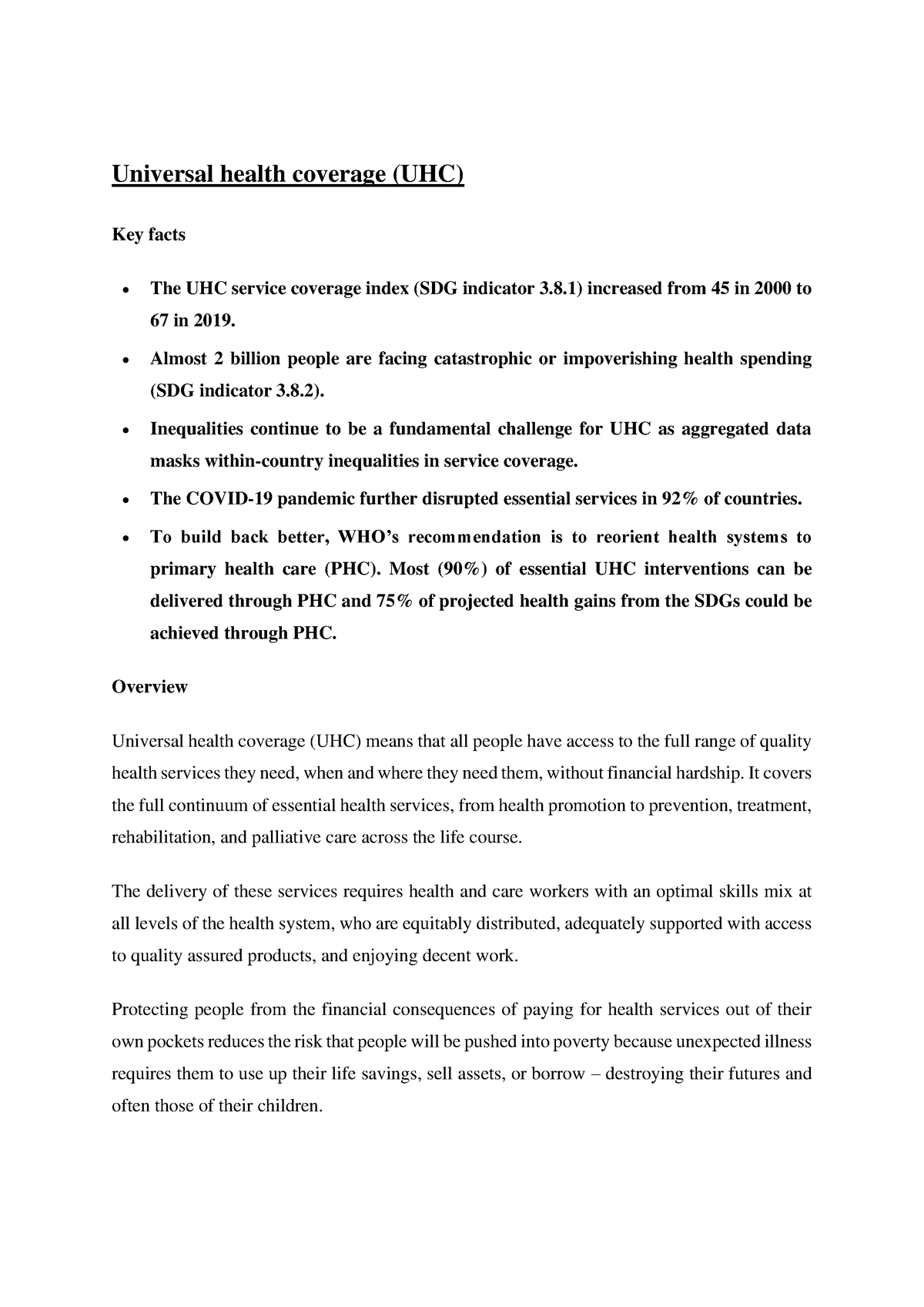 UHCWHO Universal health coverage (UHC) Key facts The UHC service