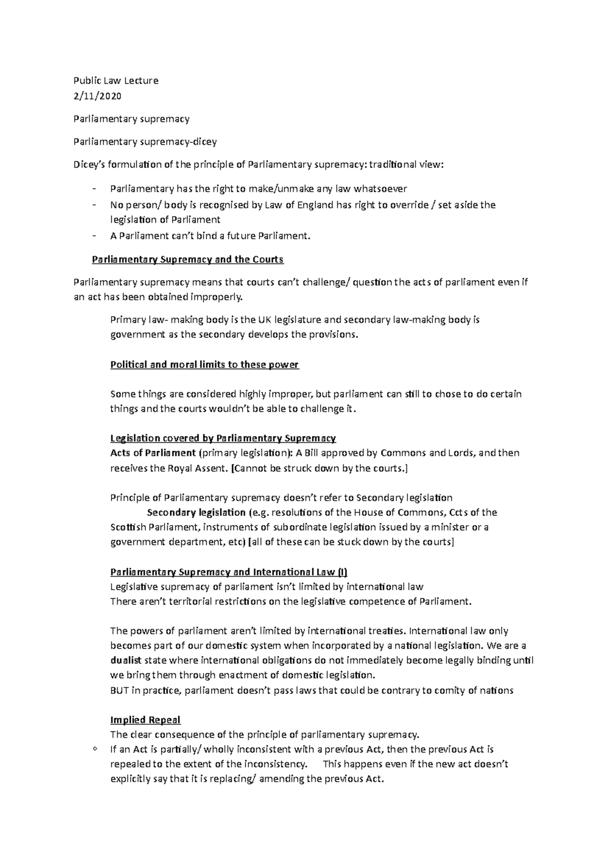 Public Law Parliamentary Supremacy Public Law Lecture 2 11