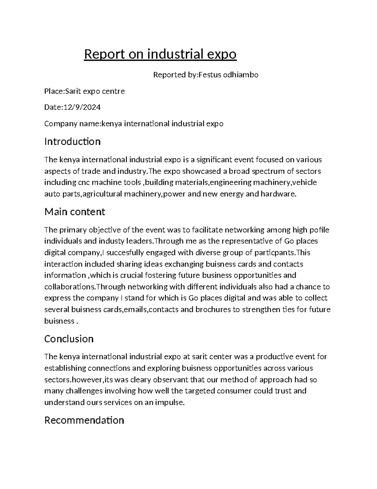 Report on industrial expo - Report on industrial expo Reported by ...