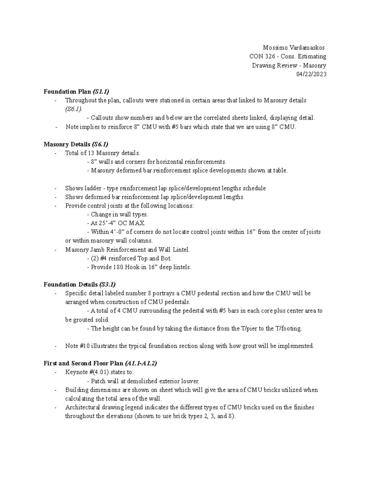 CON 326 Drawing Review Masonry Mossimo Vardamaskos CON 326 Cons