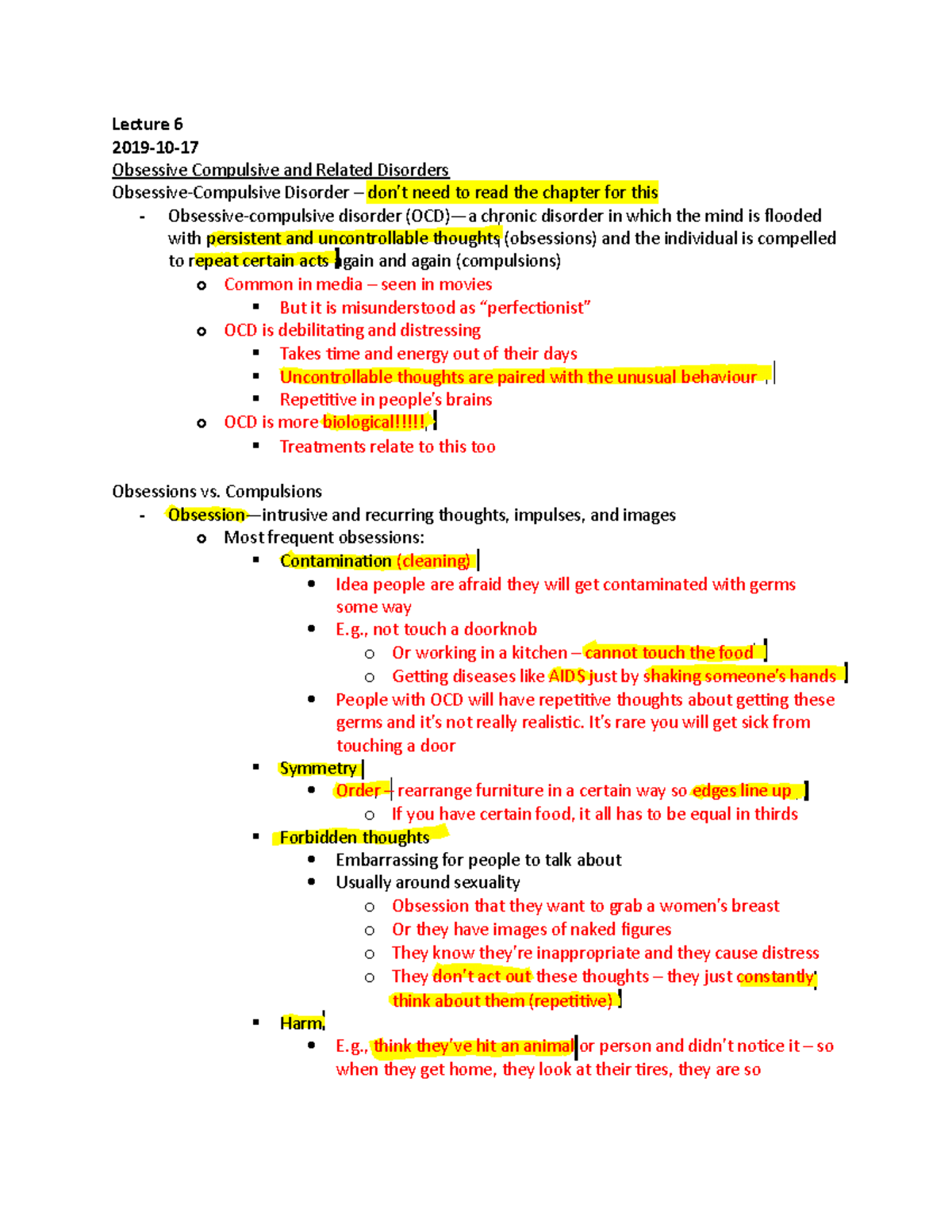 Lecture 6 - Obsessive Compulsive and Related Disorders - Lecture 6 2019 ...