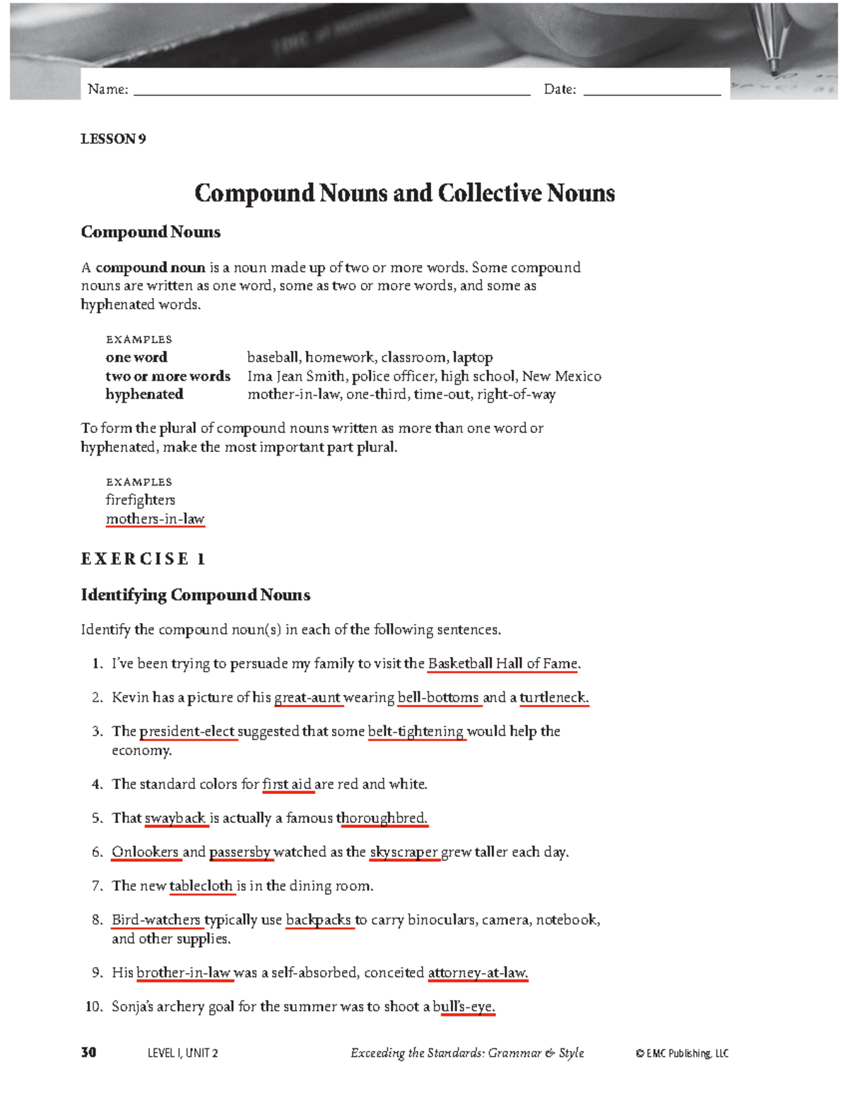 1. compound and collective nouns class - 30 LEVEL I, UNIT 2 Exceeding ...