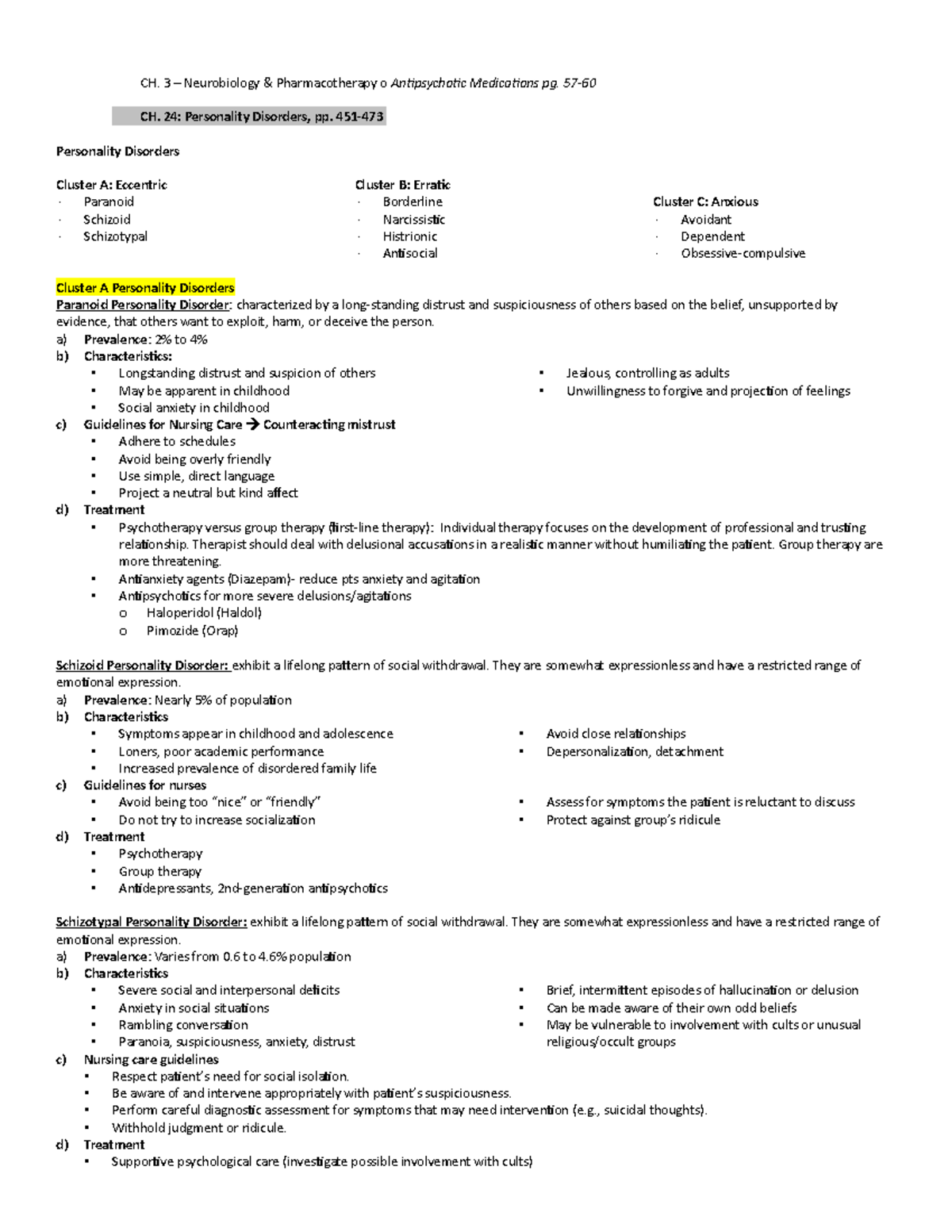 Unit 9 Notes - N/A - CH. 3 – Neurobiology & Pharmacotherapy o ...