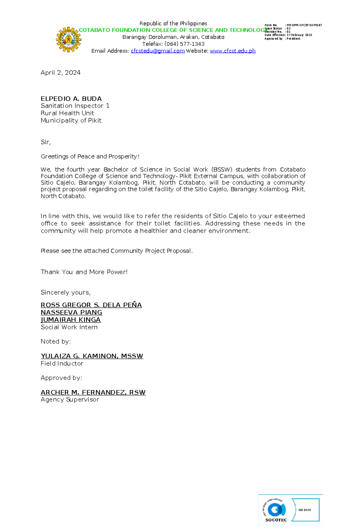 RHU- Toilet- Letter - bgdad - Form No. : FM-DPM-CFCST-DOPS- Issue ...
