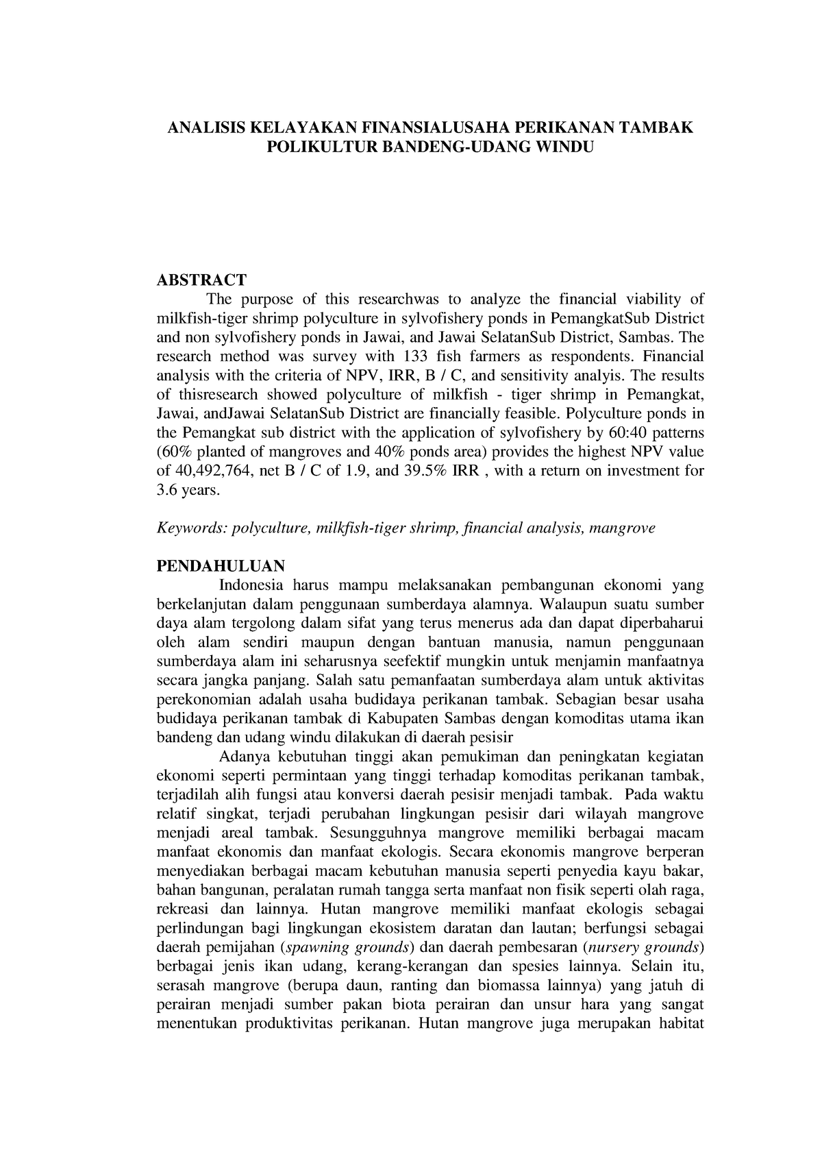 Analisis Kelayakan Finansialusaha Perikanan Tambak Polikultur Bandeng ...