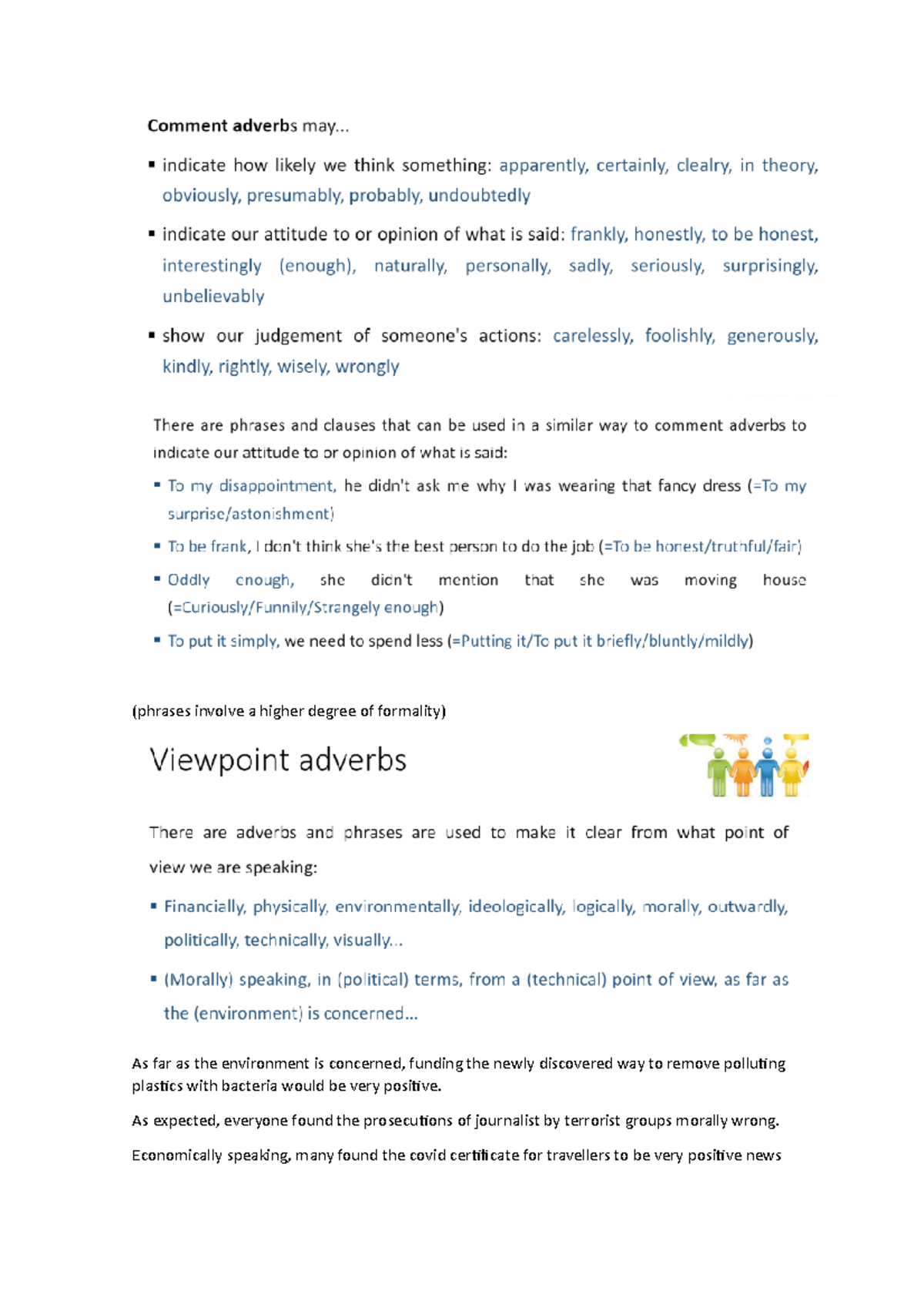 Viewpoint adverbs for personal study - (phrases involve a higher degree ...