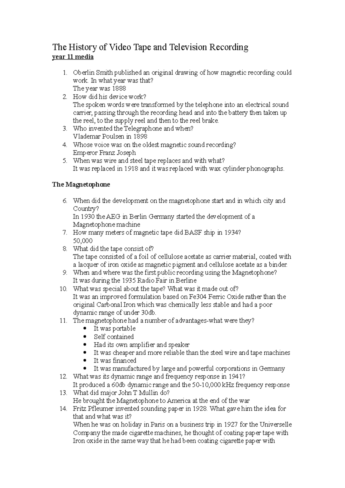 Sample/practice exam, questions The History of Video Tape and