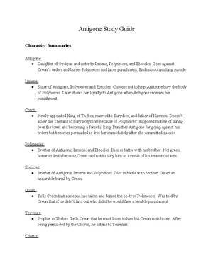 Antigone Study Guide Antigone Study Guide Character Summaries Antigone Daughter Of Oedipus And Studocu