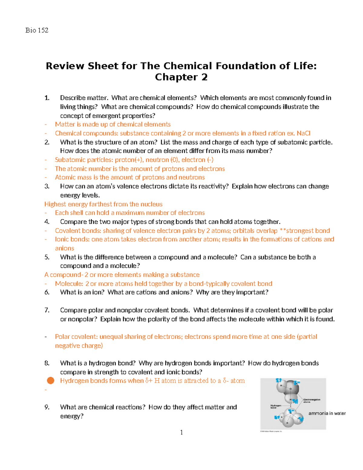 Bio152 Review Sheets Chapter 2 - Bio 152 Review Sheet for The Chemical ...