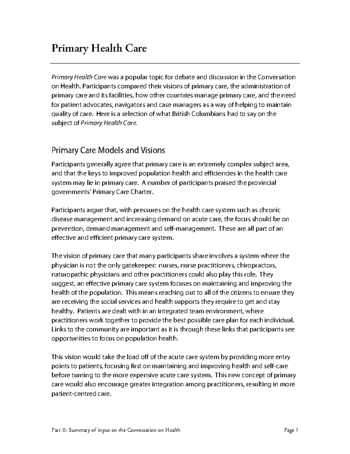 Part II Primary Care - LECTURE NOTE - Primary Health Care Primary ...