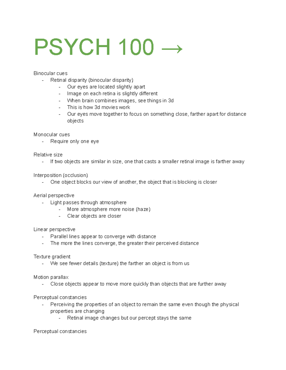 PSYCH 100 PSYCH 100 → Binocular cues Retinal disparity (binocular