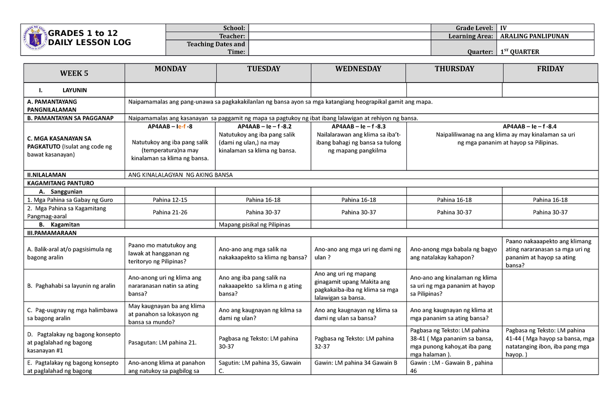 Dll Araling Panlipunan 4 Q1 W5 Grades 1 To 12 Daily Lesson Log School Grade Level Iv Teacher 4157