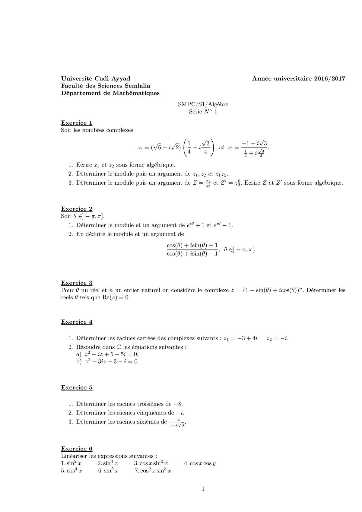 Série n°1 Algèbre - Université Cadi Ayyad Année universitaire 2016 ...