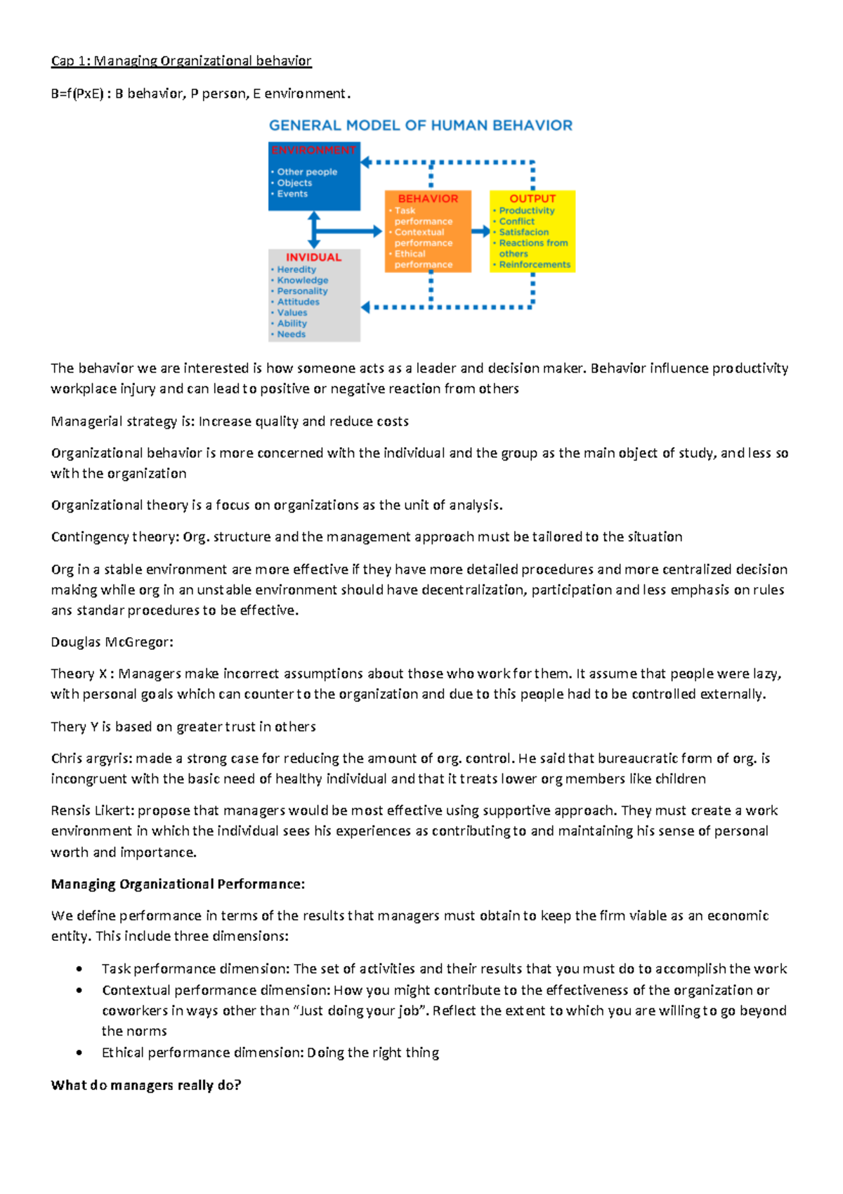 First Part Organization Behaviour - Cap 1: Managing Organizational ...