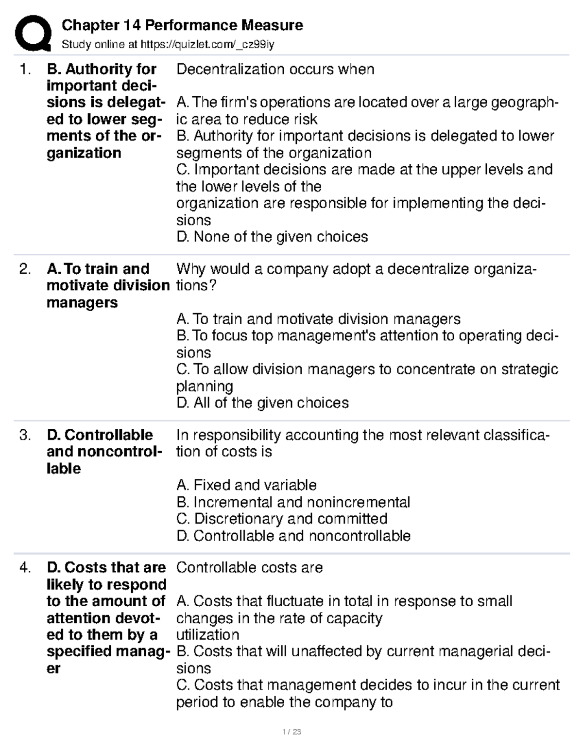 QuizletChapter 14 Performance Measure Study online at quizlet