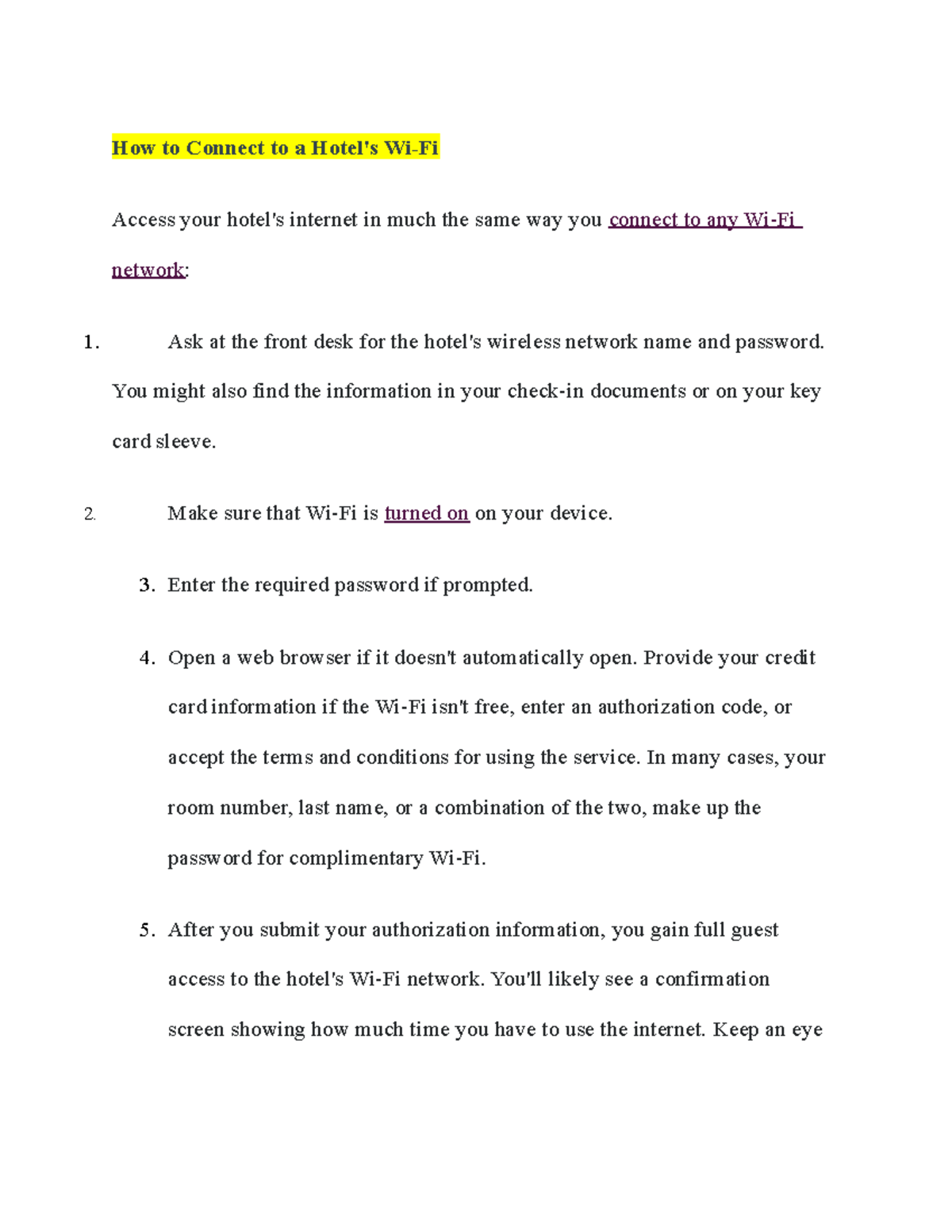 Wifi Notes How it works - How to Connect to a Hotel's Wi-Fi Access your ...