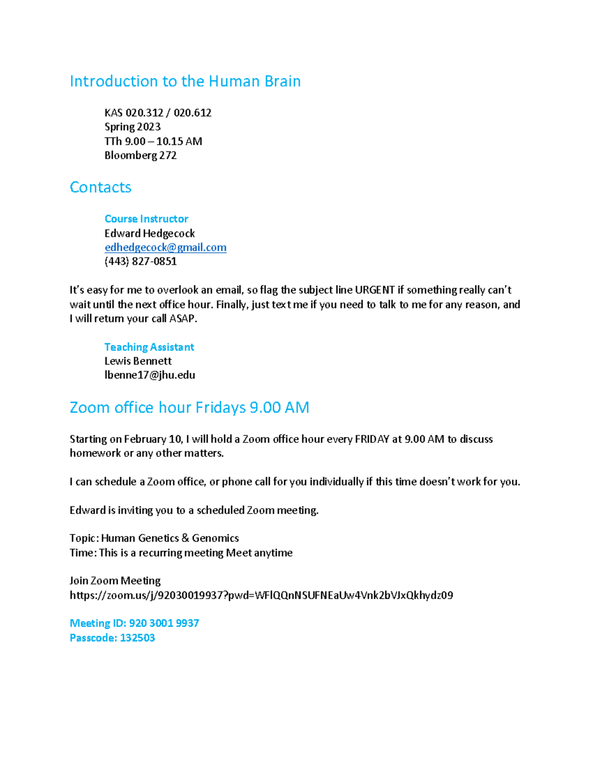 Syllabus Spring 23 - Introduction to the Human Brain KAS 020 / 020 ...