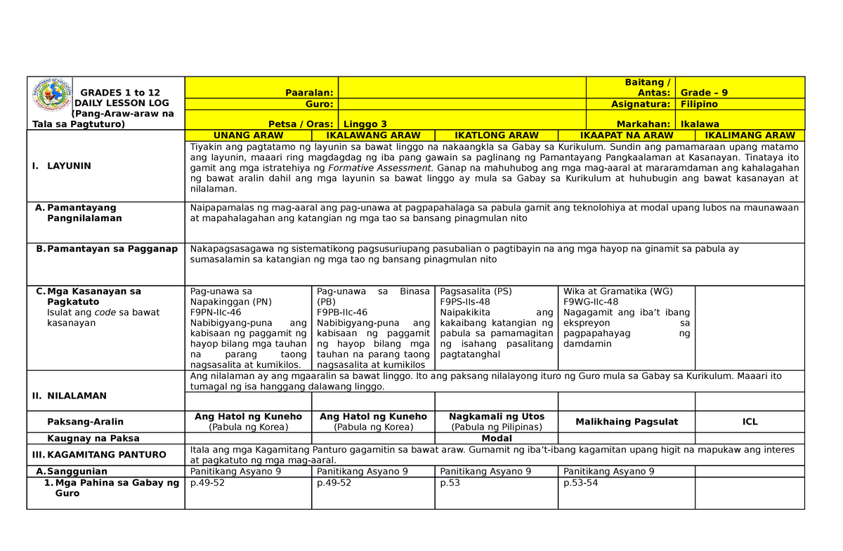 DLL Filipino 9 2ngd Grading (Topic 2) - GRADES 1 To 12 DAILY LESSON LOG ...